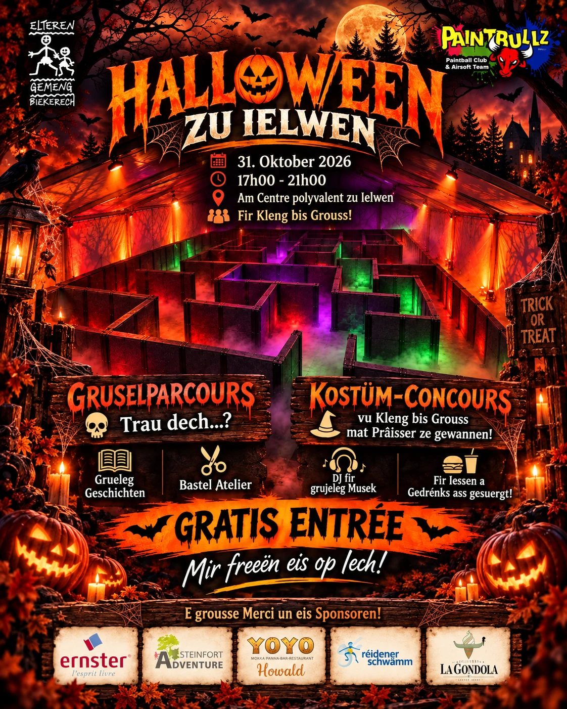 Originalplakat Halloween zu Ielwen: 31. Oktober 2026, 17 bis 21 Auer, Centre polyvalent zu Ielwen. Gratis Entrée. Mat den Organisateuren- a Sponsorenlogoen.